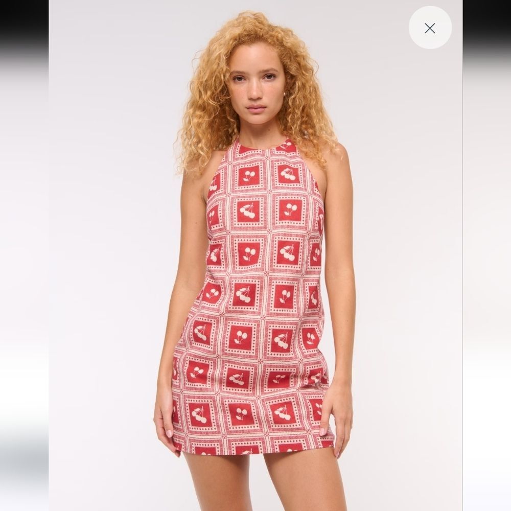 Abercrombie & Fitch Open Back Halter Linen Blend Cherry Print Mini Dress XL PET